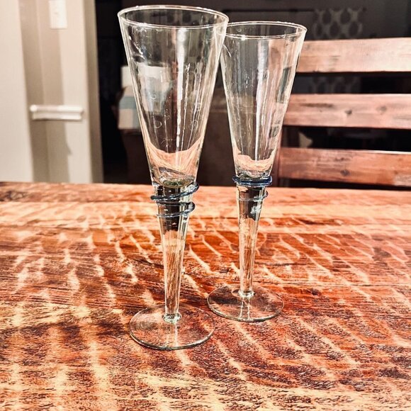 Blue Swirl Hand Blown Champagne Flutes - Picture 7 of 8